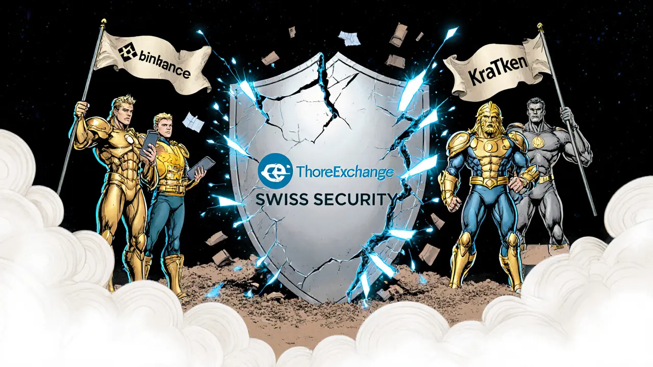 A crumbling Swiss security shield versus four major crypto exchanges standing strong with transparency and mobile apps.