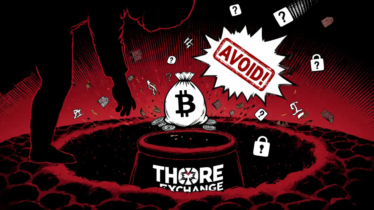 A sack of Bitcoin vanishing into a black hole labeled Thore Exchange, with warning symbols and a giant &#039;AVOID&#039; stamp.