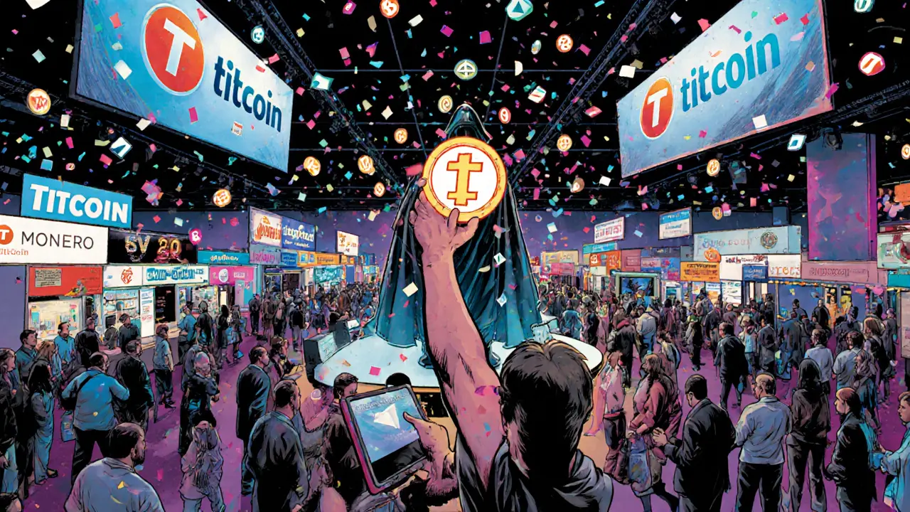 A 2016 industry event celebrates Titcoin with confetti, while Monero looms in the shadows.