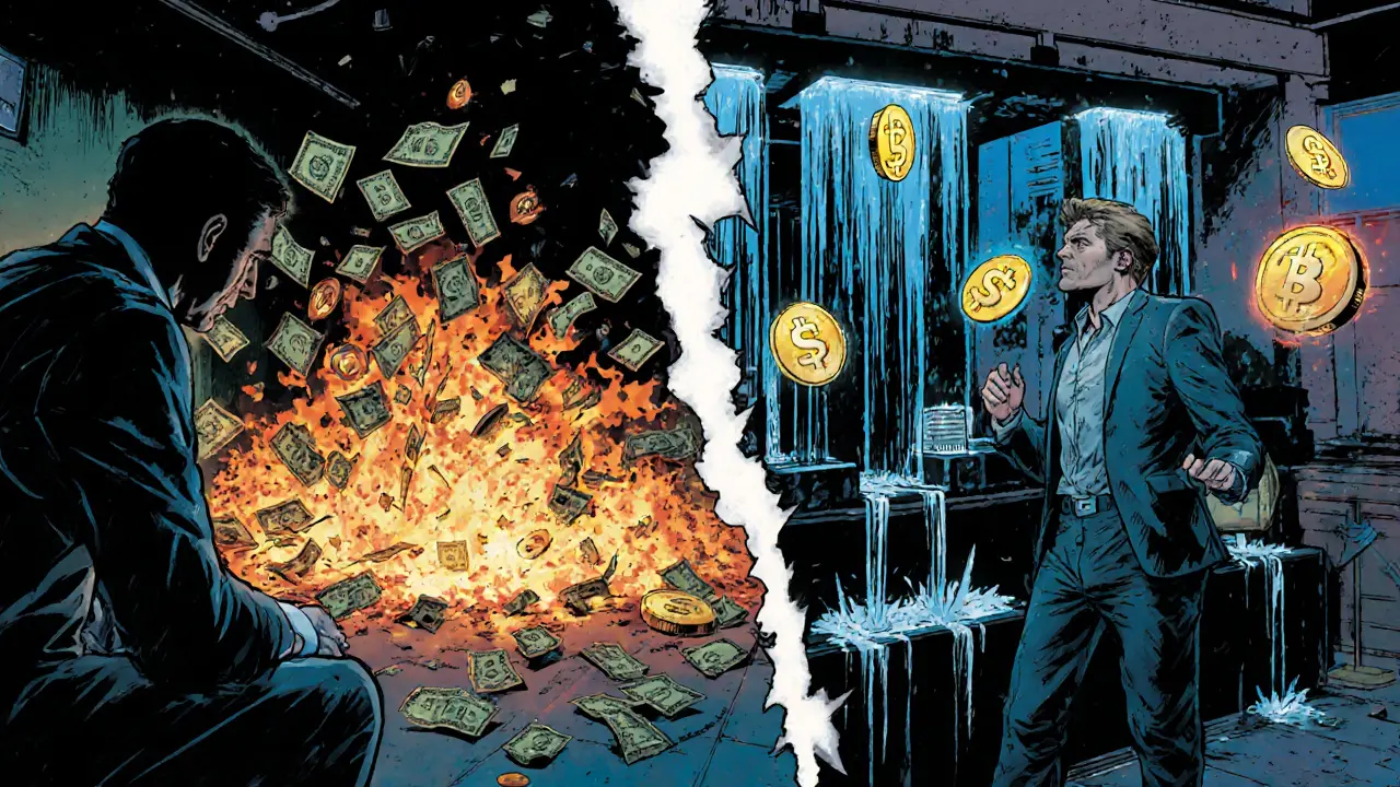 A split scene showing token collapse on one side and a thriving virtual nightclub on the other.