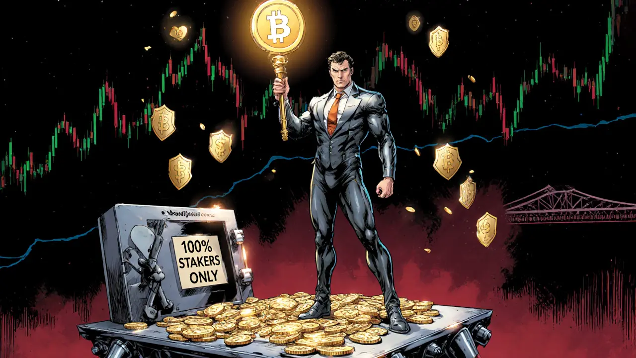 A trader holding the STELLA token as trading fees rain down as golden coins into a stakers&#039; vault.