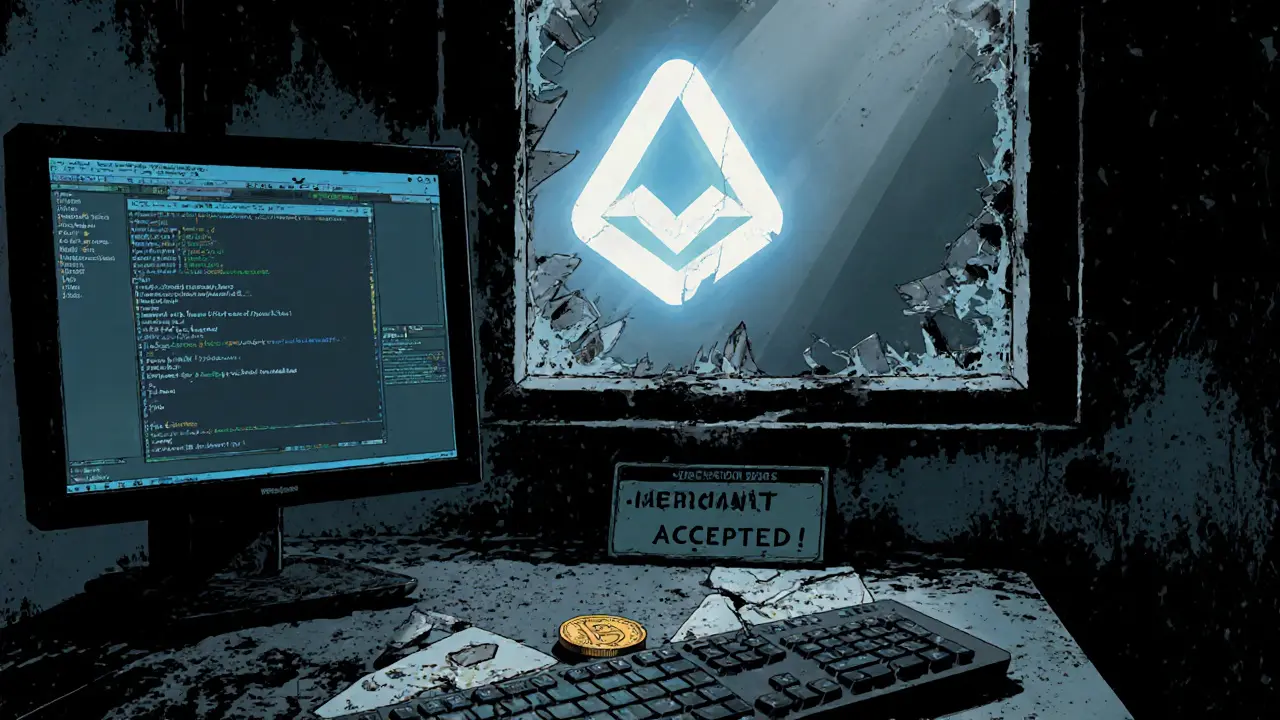 An abandoned server room holds forgotten Titcoin tech as Monero glows in the distance.