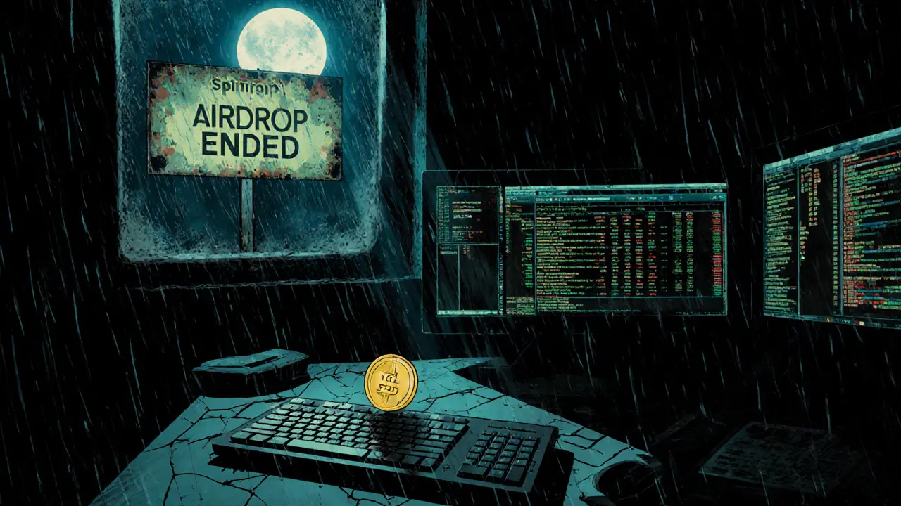 An abandoned Spintop dashboard with a lone SPIN token rolling away in the dark.