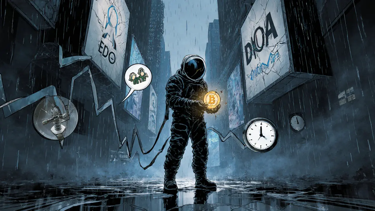 Astronaut holding a glowing EDOGE token in a rainy city, with falling price graph and symbols of governance and community.