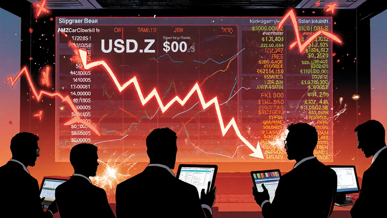 Chaotic DEX scene with USD.Z price plummeting and traders reacting.
