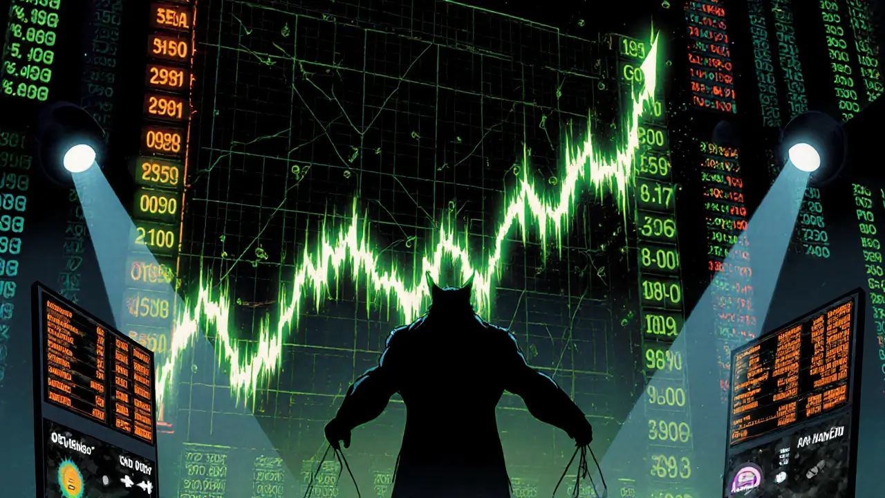 Chaotic trading floor shows a jagged price chart and a shadowy whale manipulating the market.