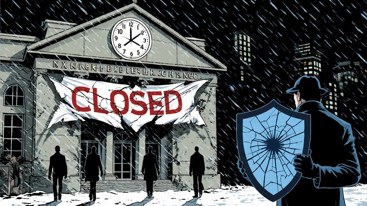Closed exchange building with broken clock, departing users, and a guardian holding a cracked shield.