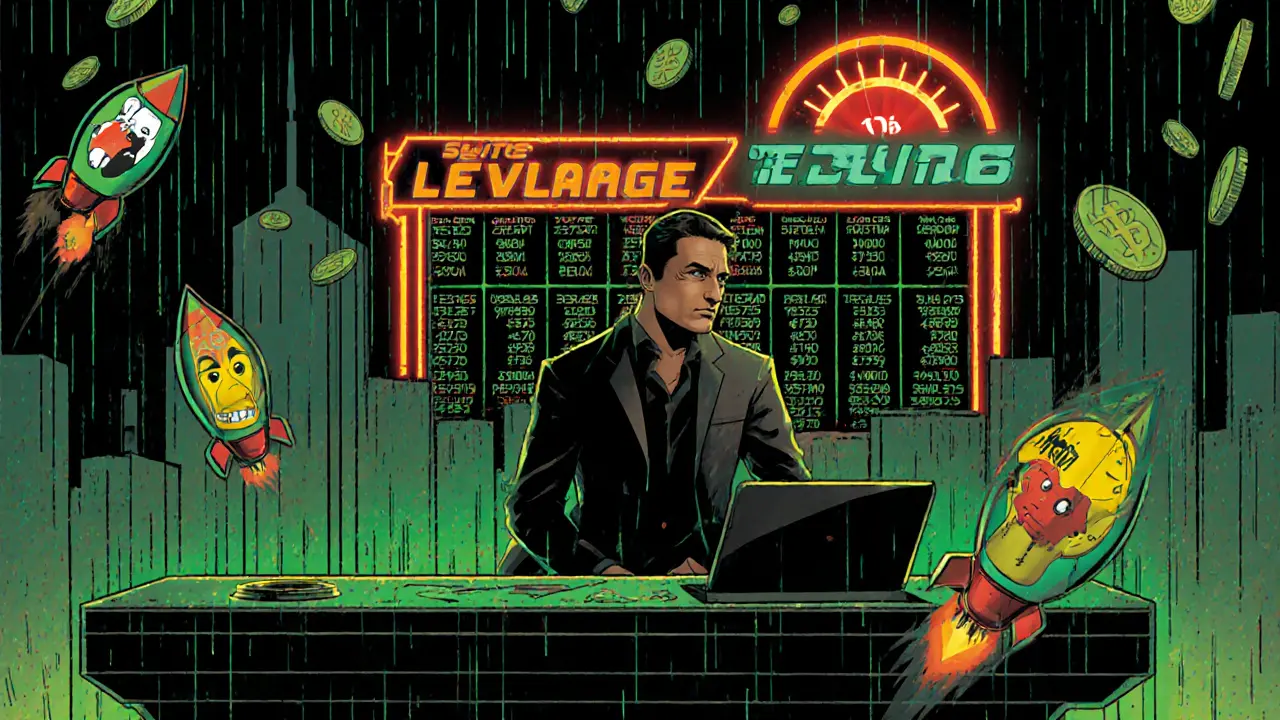 Comic scene of a trader shorting meme coins with high leverage amid falling rockets.
