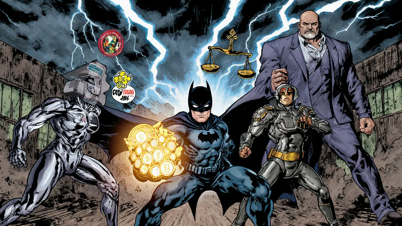 Comic showdown of personified crypto exchanges under a regulatory storm.