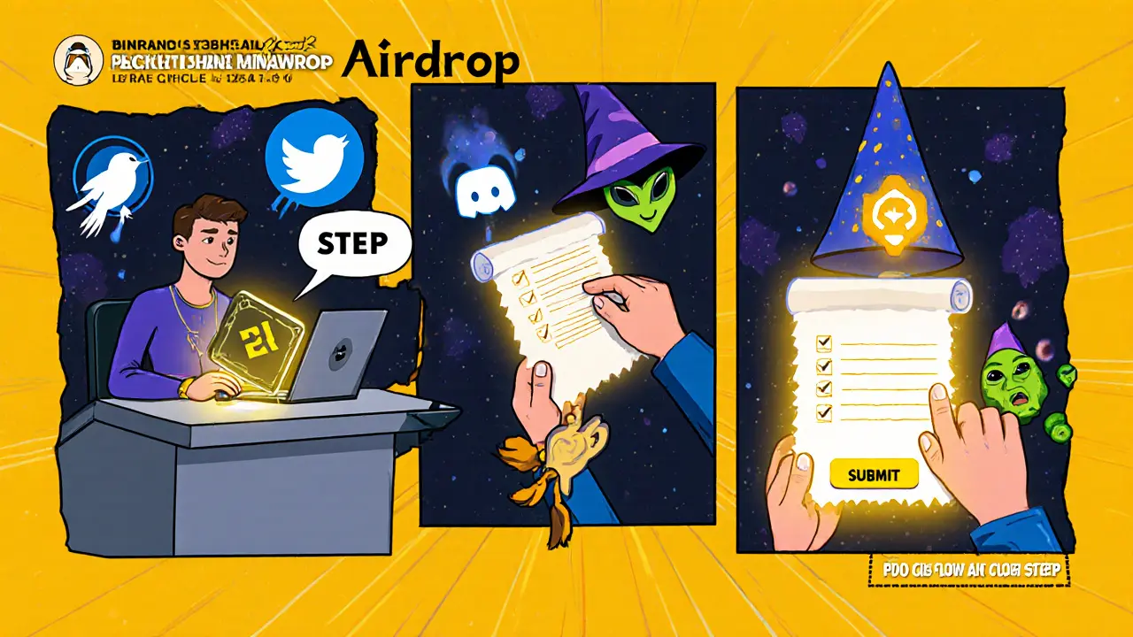 Comic strip showing a hero connecting wallet, completing social tasks, and submitting the form.