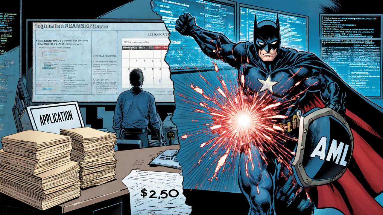 Compliance team in an office battling a cyber code villain with transaction monitors and paperwork.