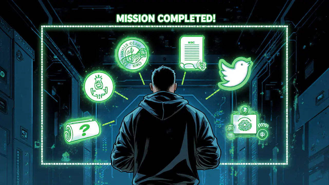 Crypto hero completing five holographic mission tasks, each lighting up as points are earned.
