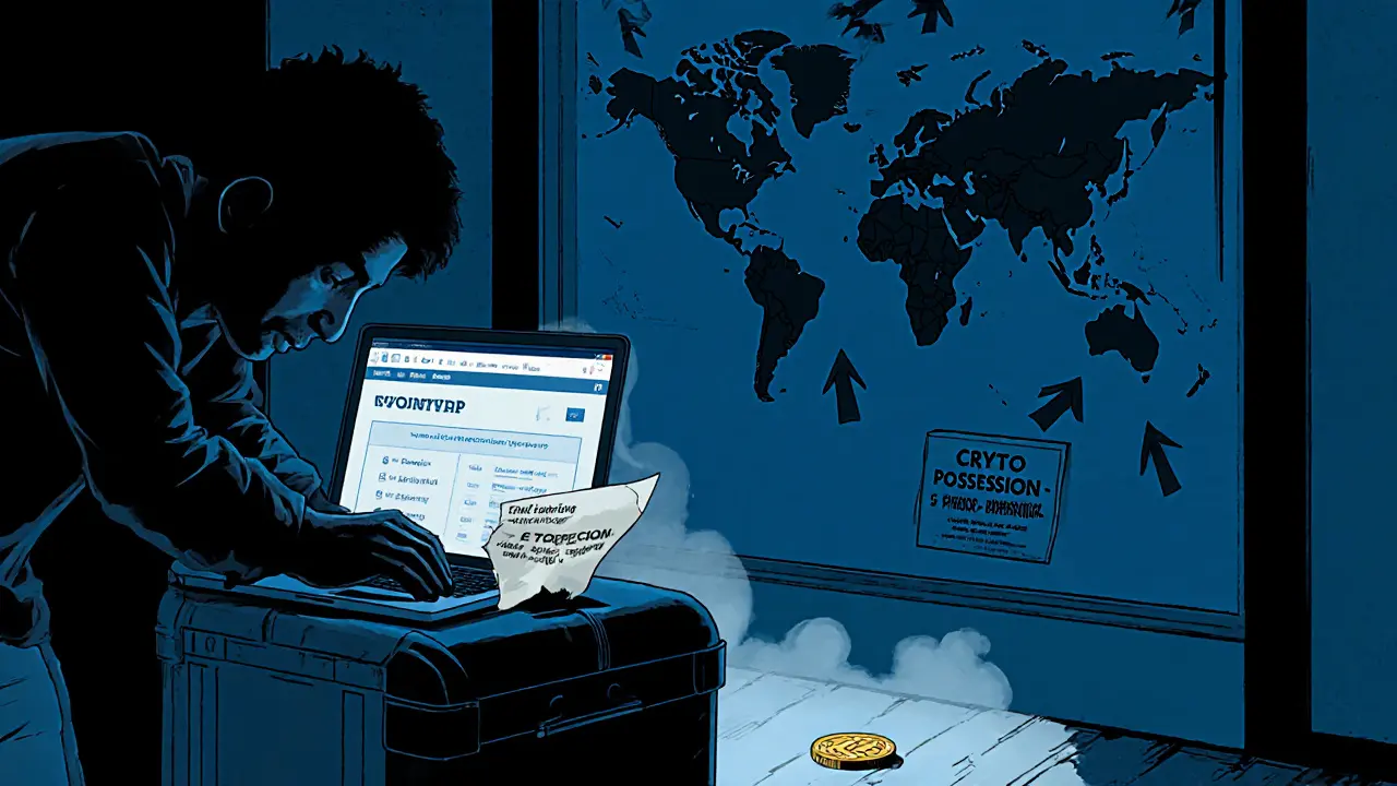 Developer packs suitcase with E-Dinar prototype on screen, arrows point to global cities.