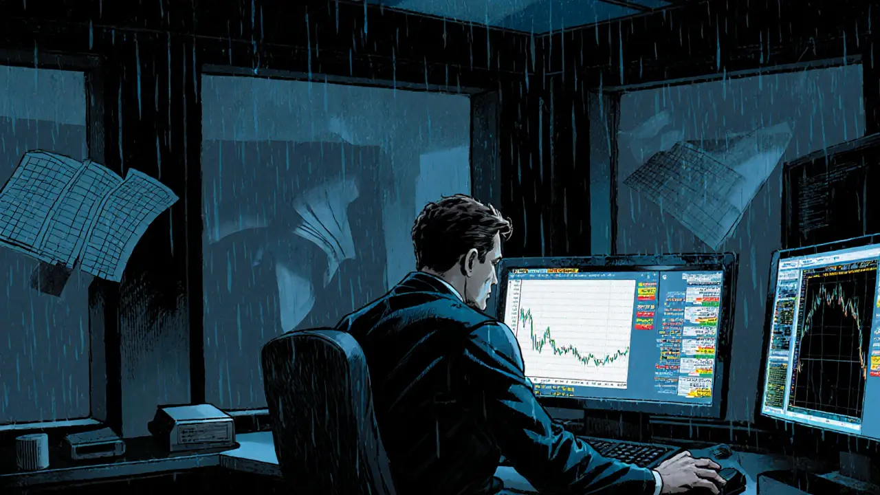 Frustrated trader in a dim lounge watching a flickering chart and empty order books.