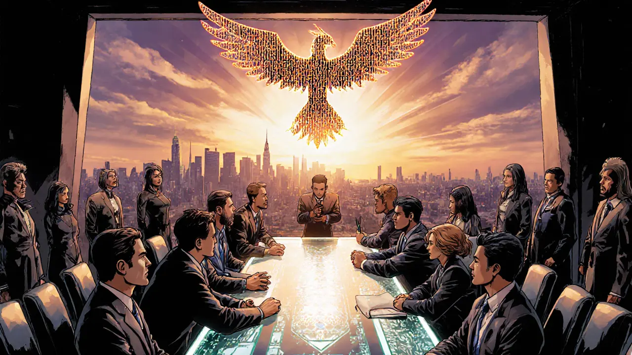 Future council of crypto regulators with a glowing blockchain table.