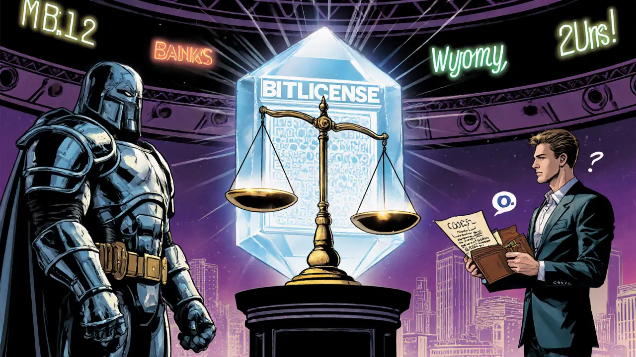 Futuristic arena showing a crystal BitLicense on a scale between institutional banks and startup heroes.
