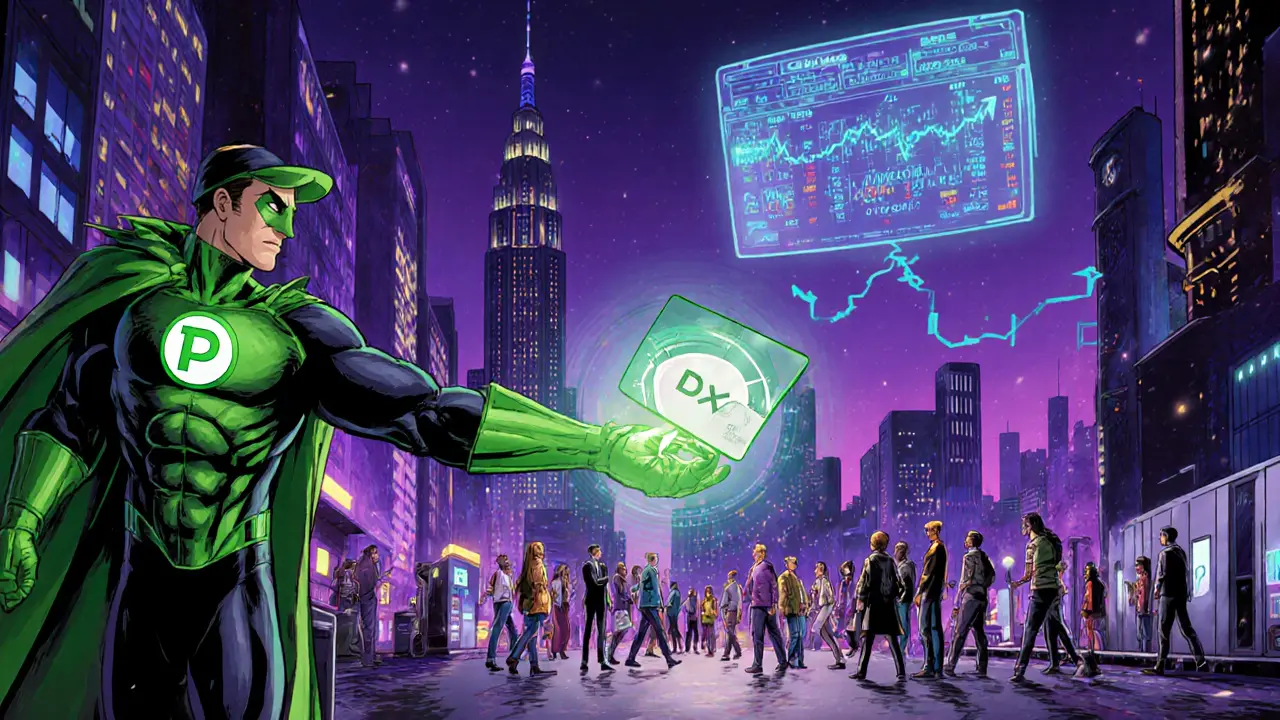 Futuristic city scene with PointPay debit card and holographic DEX interface.