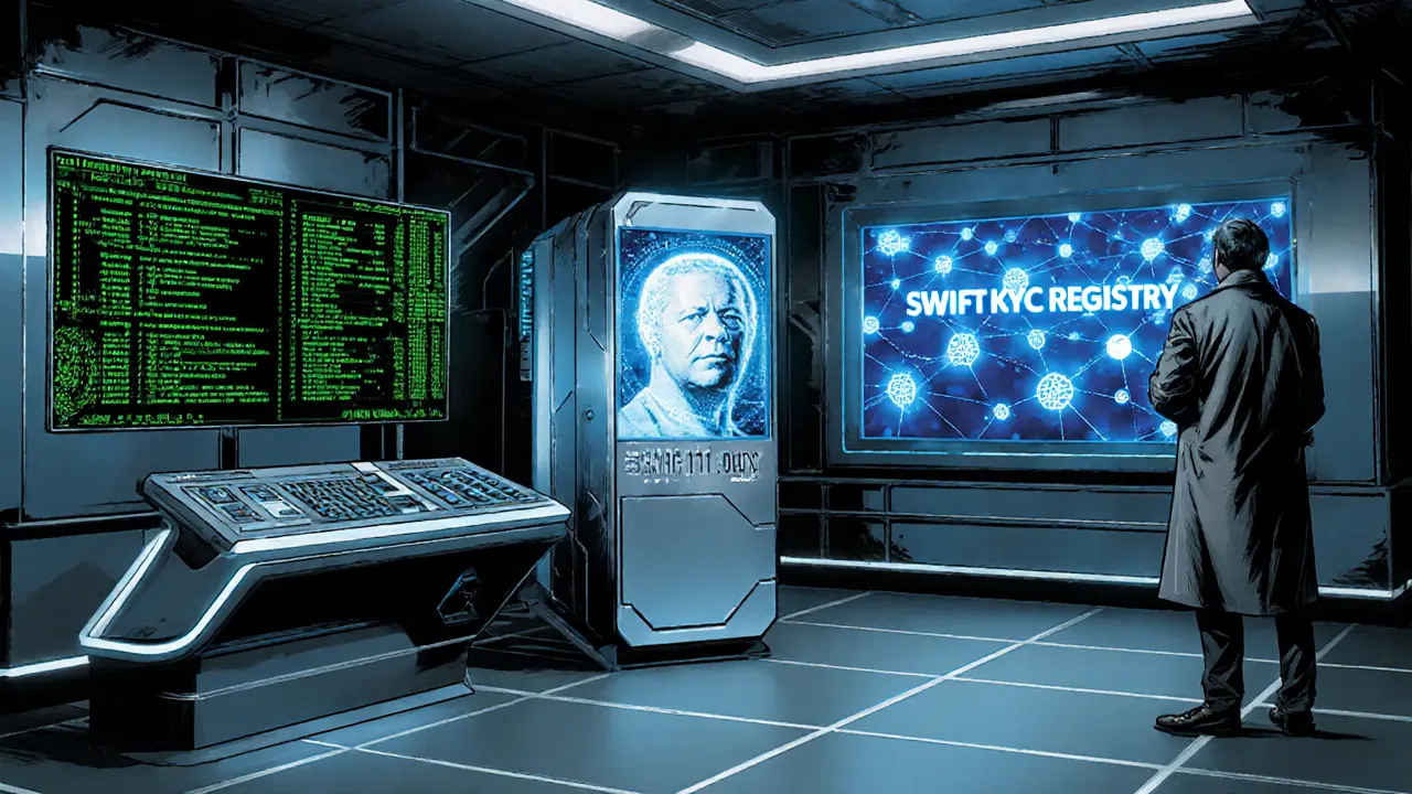 Futuristic command center displaying AI risk scores, biometric scan, and blockchain ledger.
