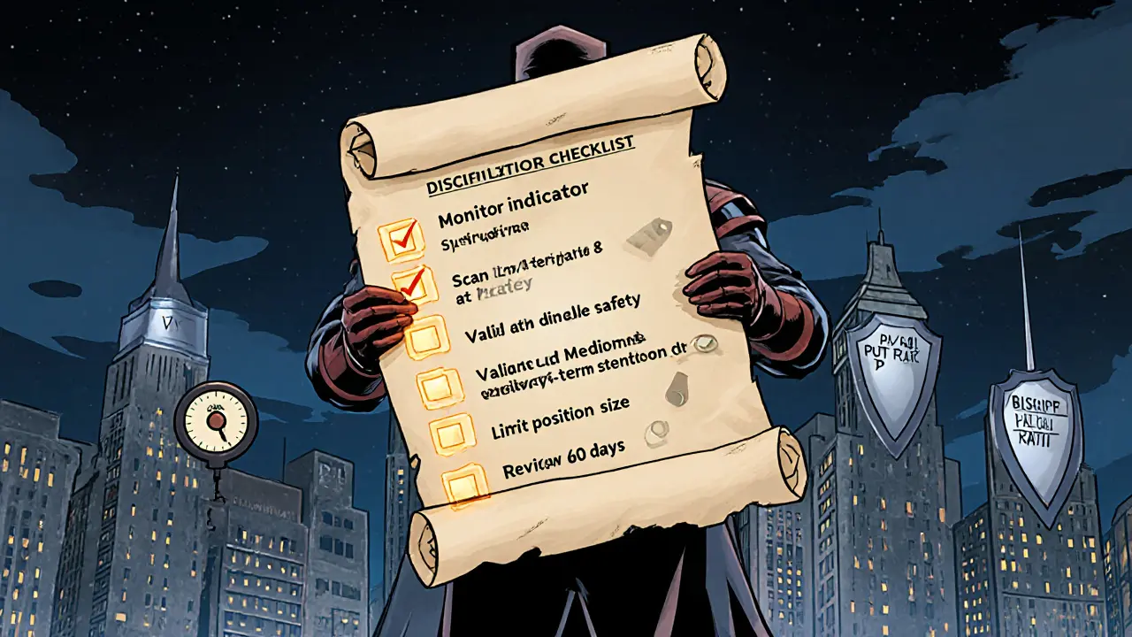 Guardian holding a glowing checklist of contrarian trading steps against a city skyline.