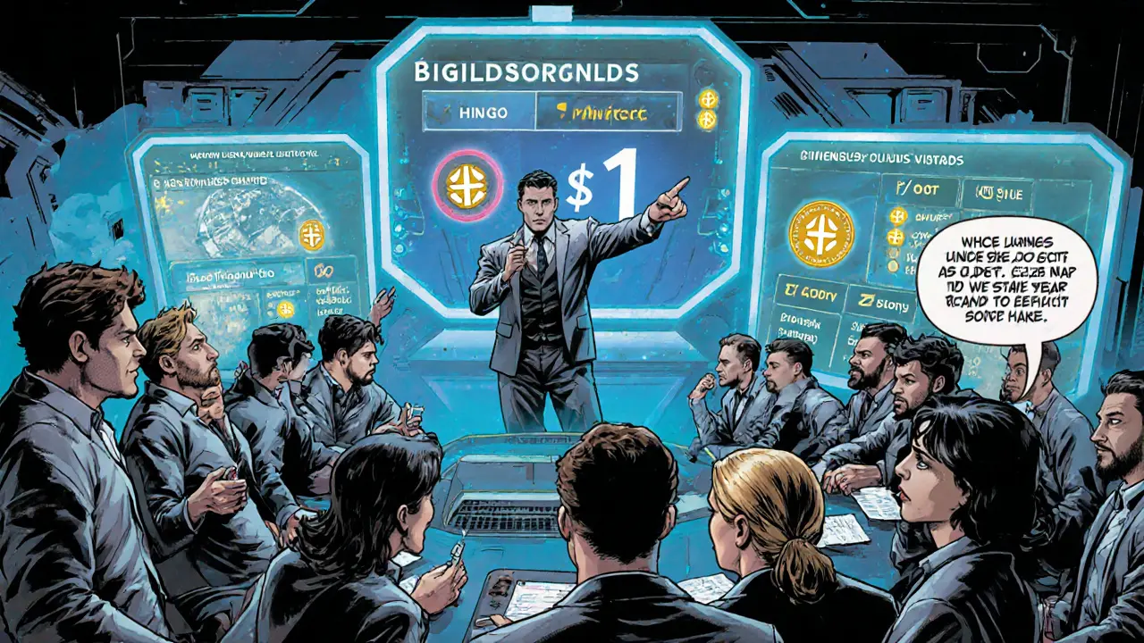 Guild members competing for top SPIN rewards on a holographic leaderboard in a digital war room.