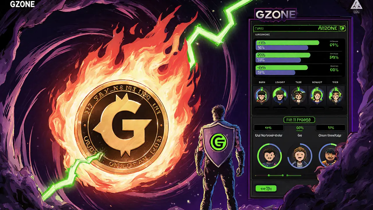 GZONE coin with burning 2% and green 5% reward flow to staked avatars.