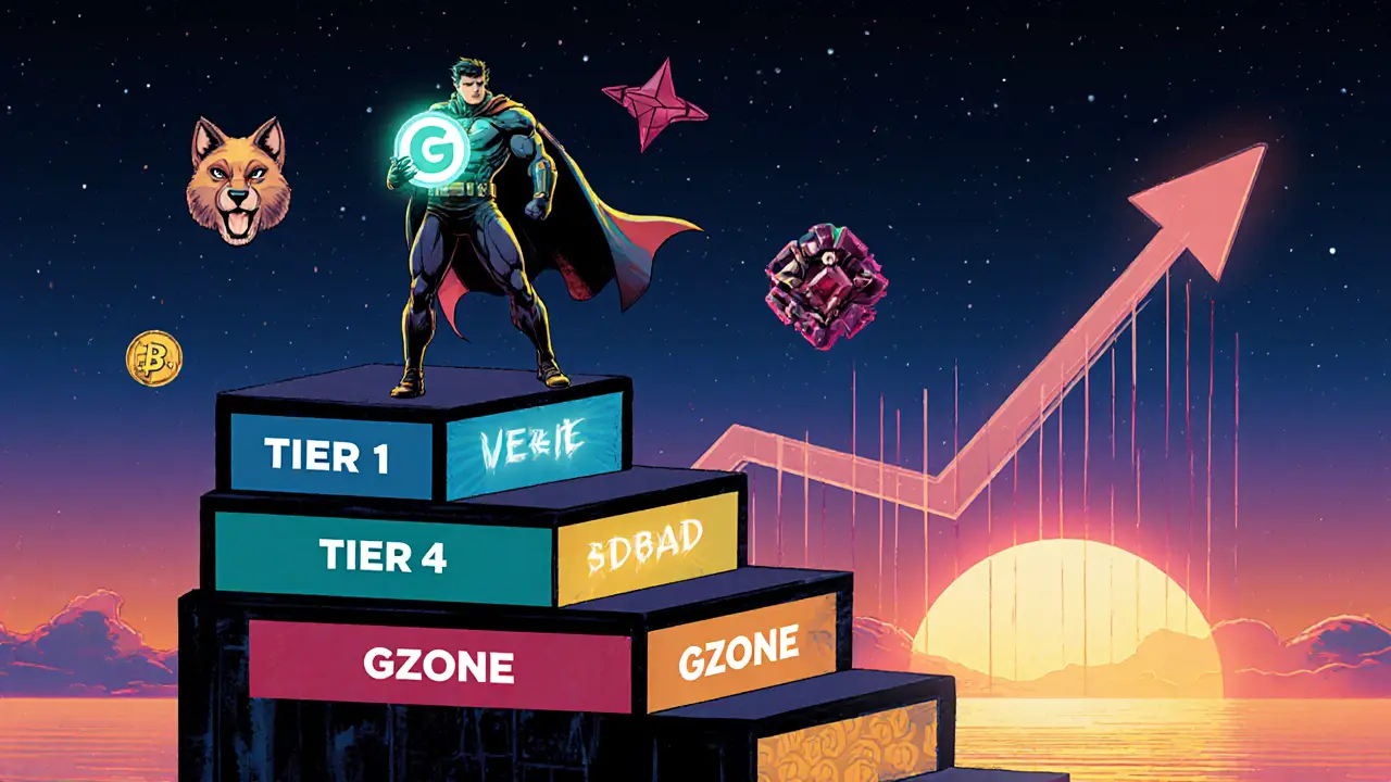 Hero climbing tier platforms toward rising GZONE price and game icons.