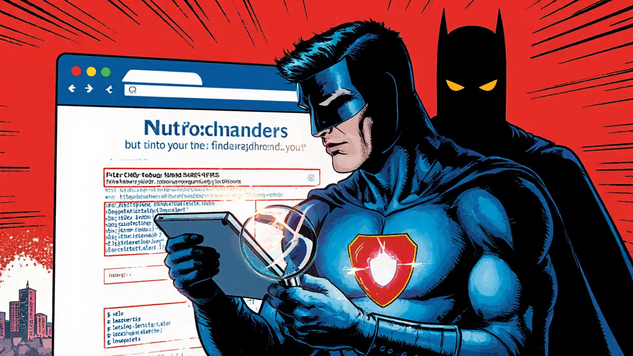 Hero examining a contract address with magnifying glass, protecting against phishing, holding hardware wallet
