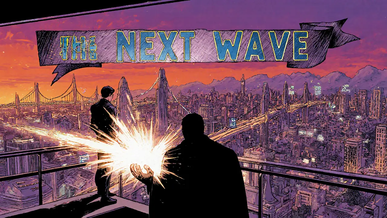 Hero looks over a futuristic blockchain city, dispelling a shadow of centralization risk.