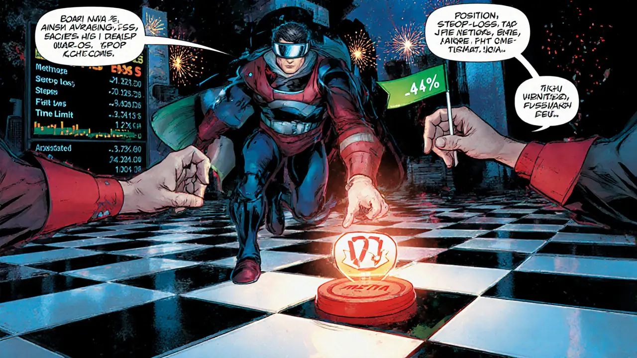 Hero placing a trade on META with stop‑loss and profit‑target markers on a chessboard market floor.