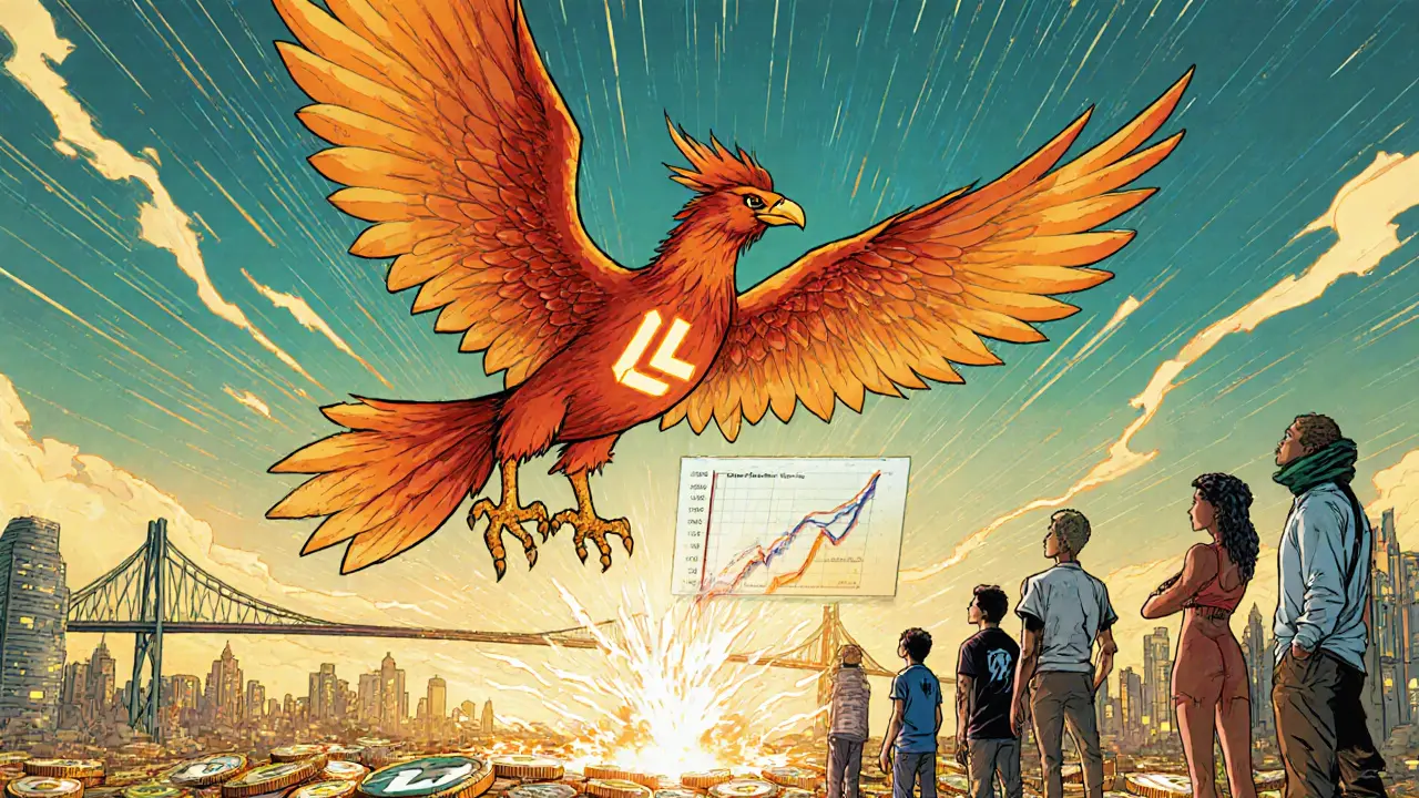 LFNTY phoenix rises above a Solana city as price chart surges.