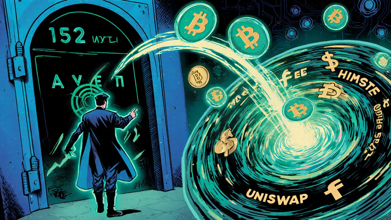 Liquid staking token flows into Aave vault and Uniswap pool, showing multiple yield streams.