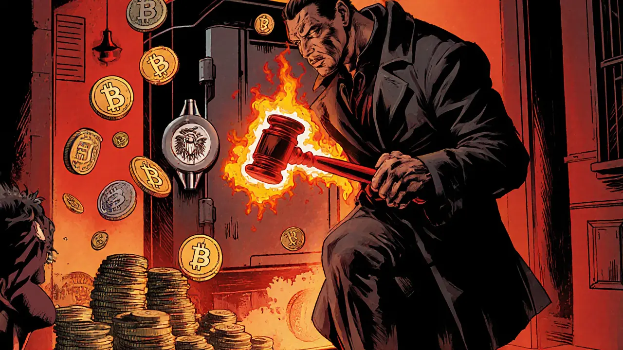 Menacing IRS figure with fiery gavel hovers over a crypto exchange vault, stacks of money turn red.
