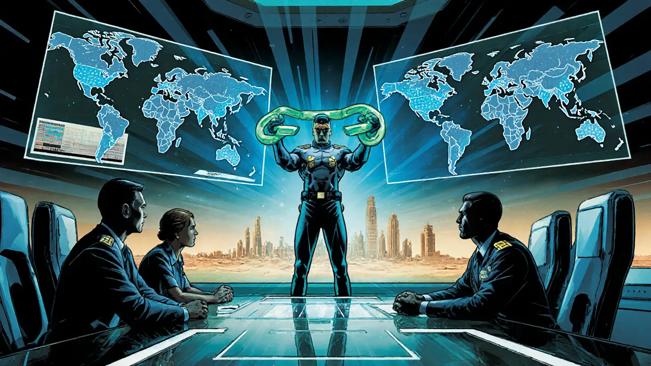 Officials and engineers work with holographic blockchain displays in a futuristic control room.