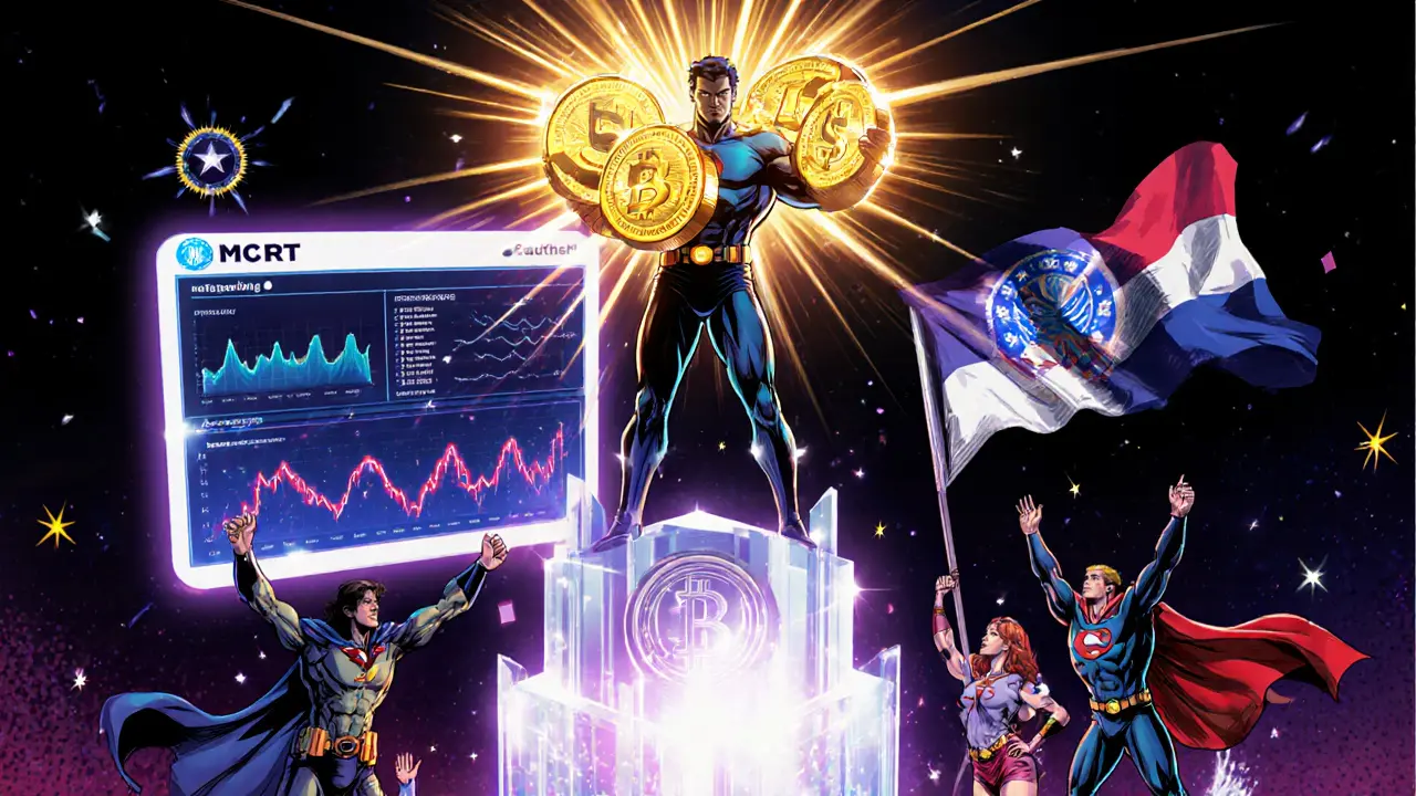 Player holds radiant $MCRT tokens atop a tower, with staking dashboard and guild banner behind.