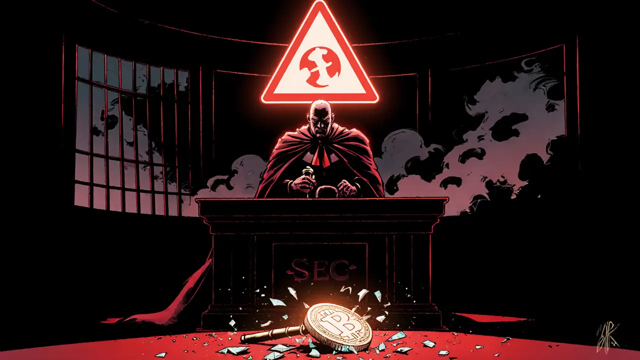 Regulator in cape holds a gavel over a shattered VIVEK token with a danger sign above.