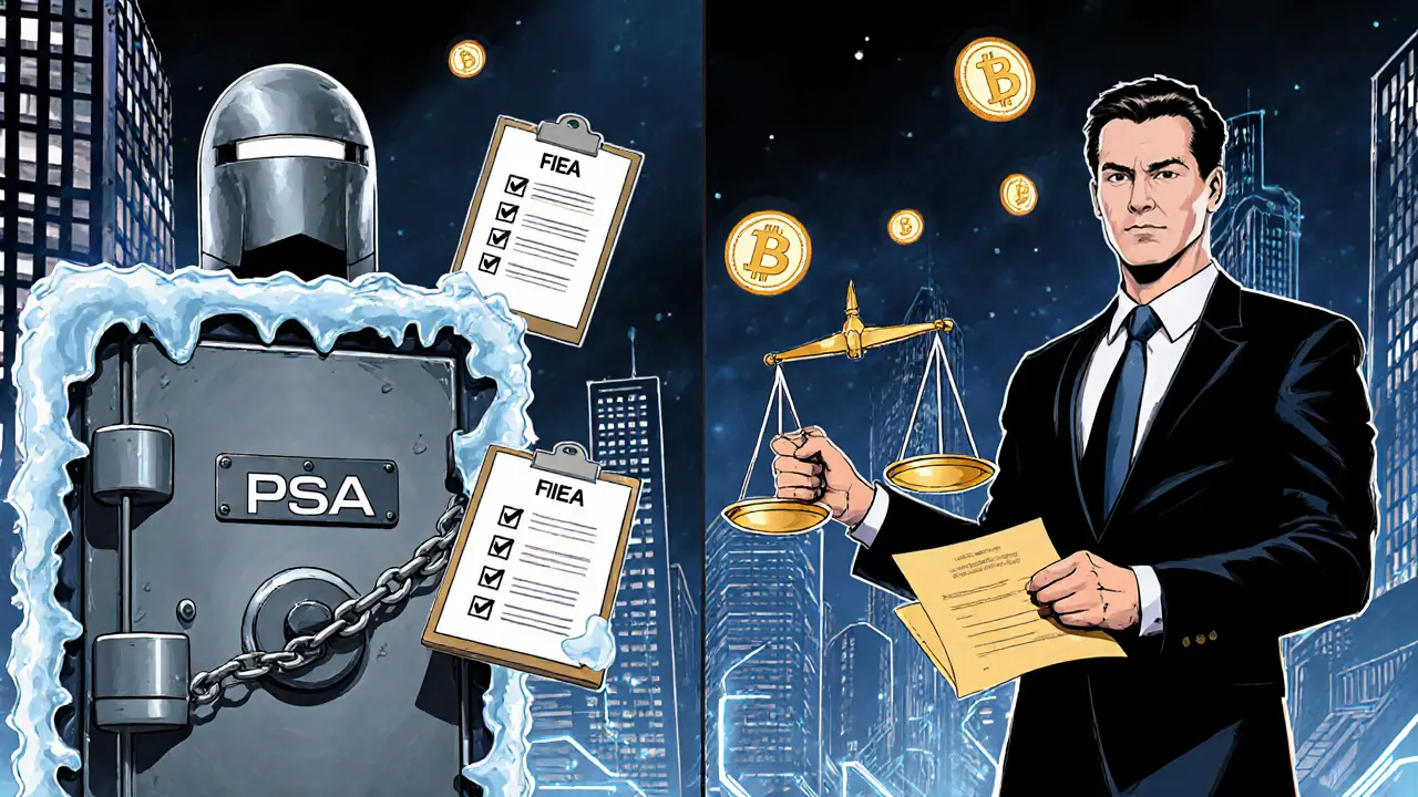 Split panel showing PSA cold‑storage vault and FIEA justice scale.