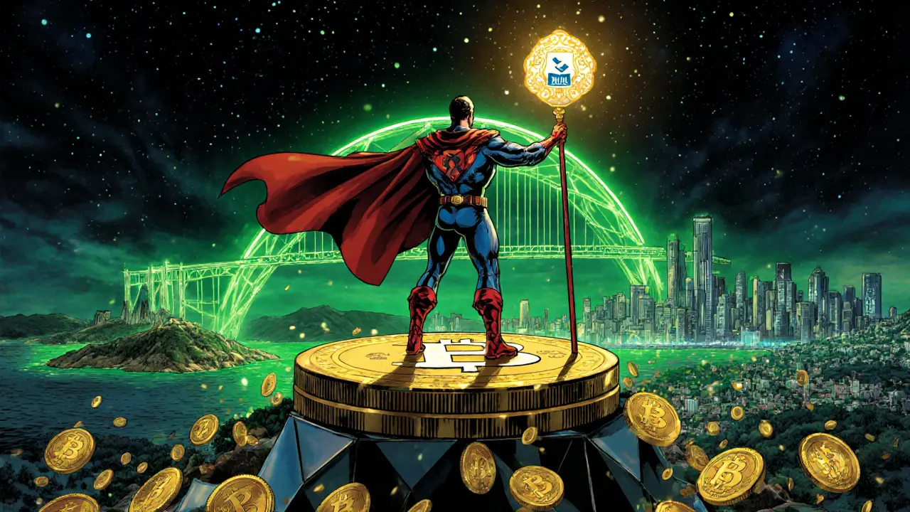 Staking hero on a BEP‑20 pedestal overlooking BNB Chain city, with voting and revenue symbols.