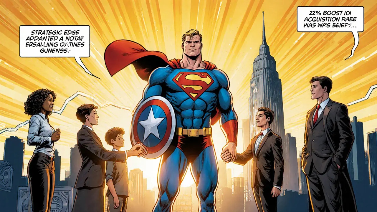 Superhero and happy customers stand under a protective KYC emblem with a rising success graph.