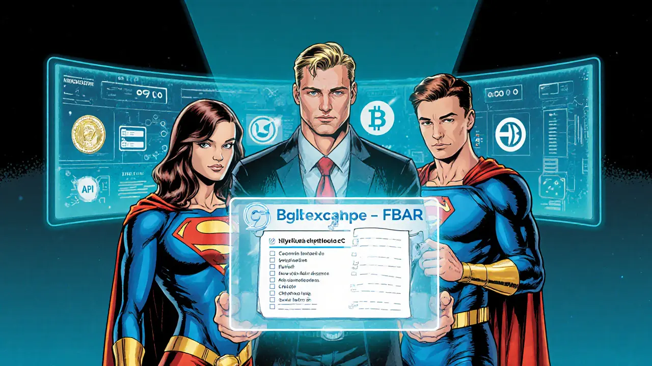 Superhero team of CPA, tech wizard, and compliance officer review a holographic FBAR checklist.