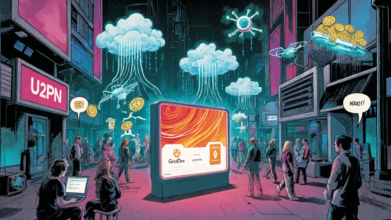 Tech marketplace showing VPN nodes, DeFi exchange, sensor drones and users earning tokens.