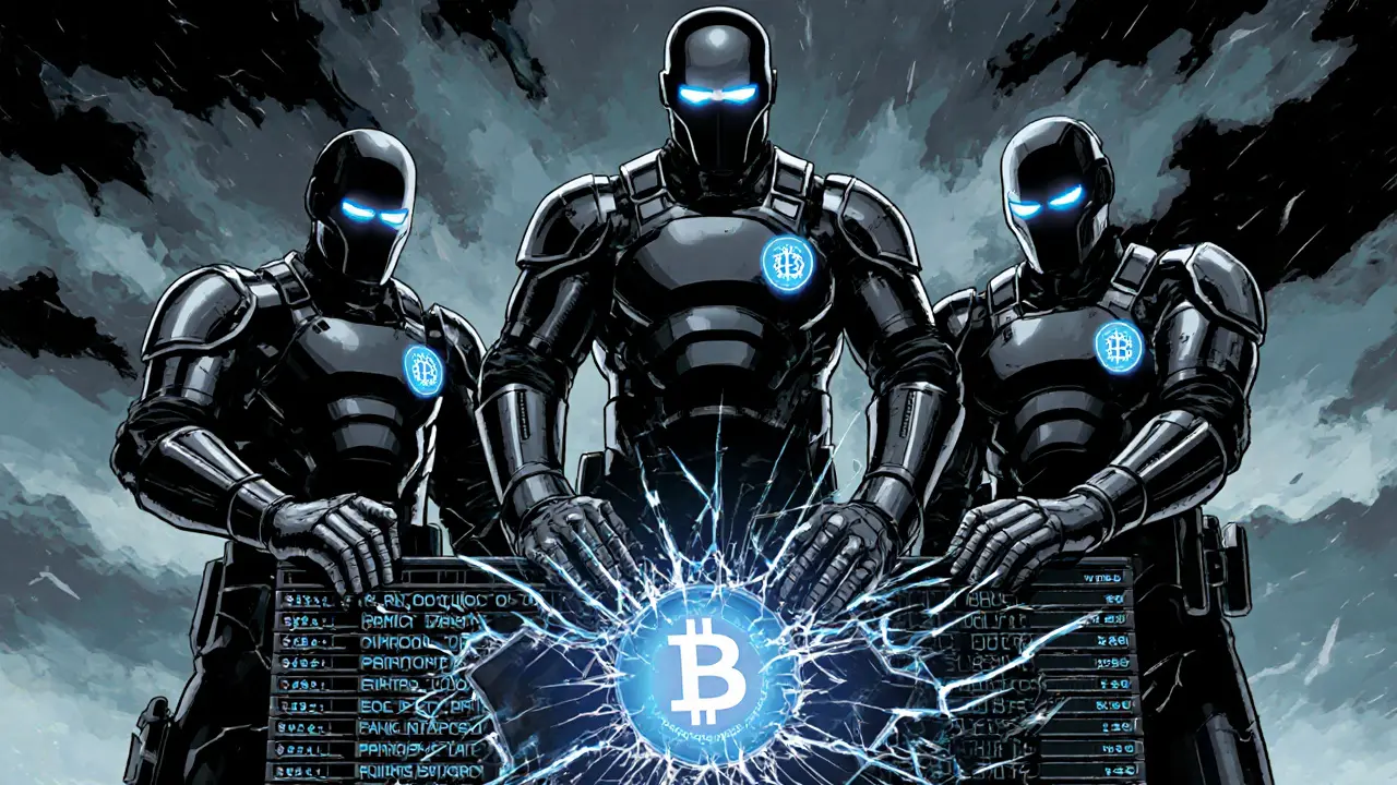 Three government enforcers seize crypto assets atop a crumbling digital ledger.