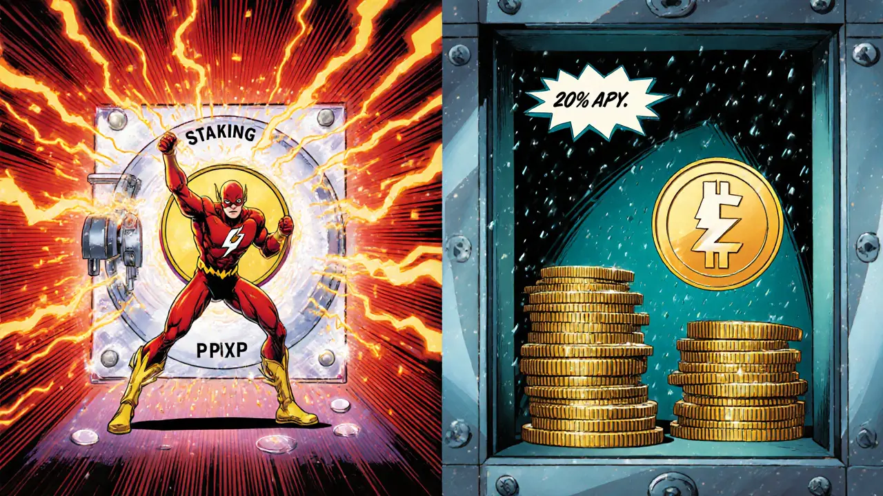 Trader locks PXP token into vault, showing 20% APY and stablecoin rewards.