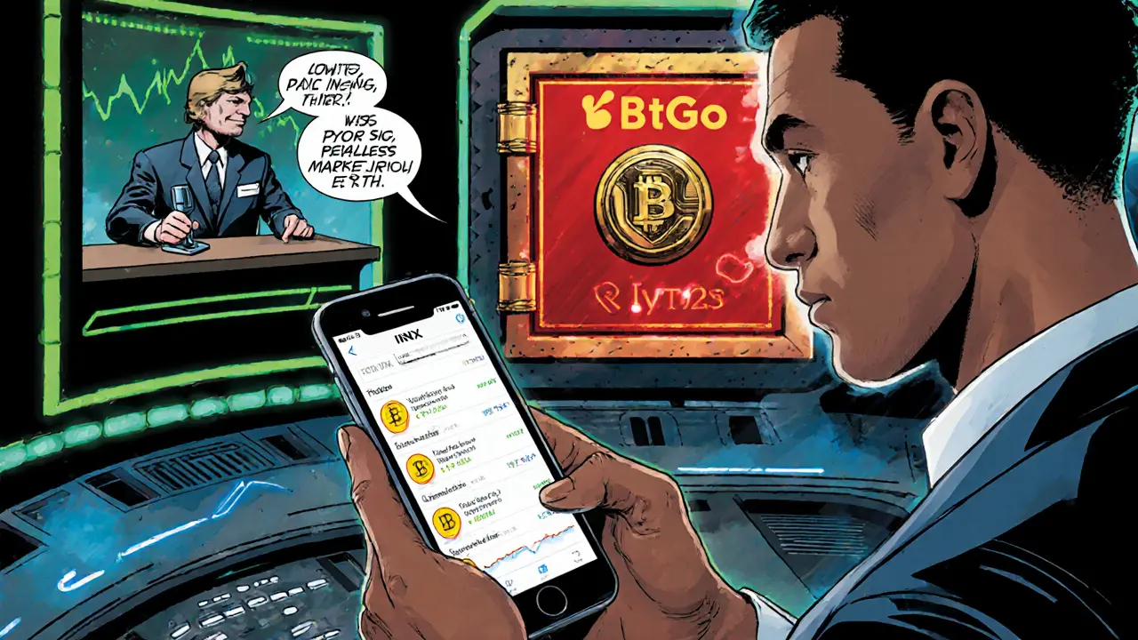 Trader using INX mobile app beside BitGo vault and KYC accreditation desk.