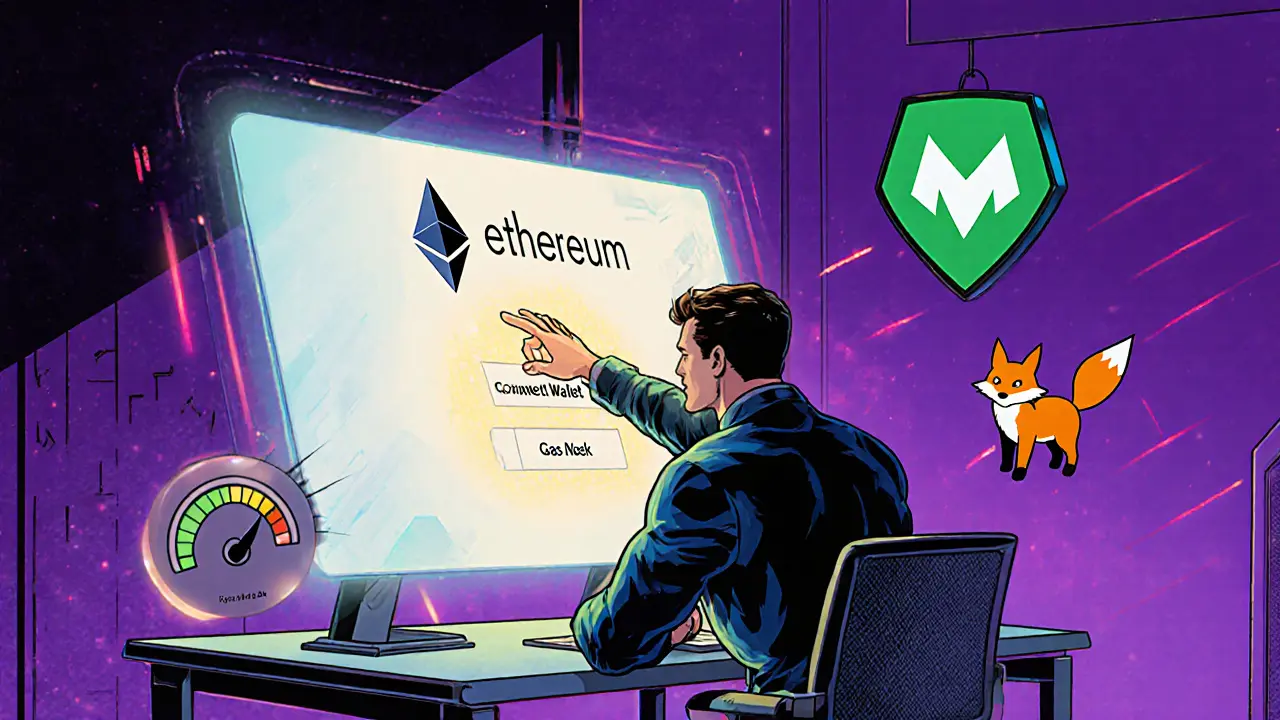 User at a computer connecting a crypto wallet with Ethereum symbols and gas meter