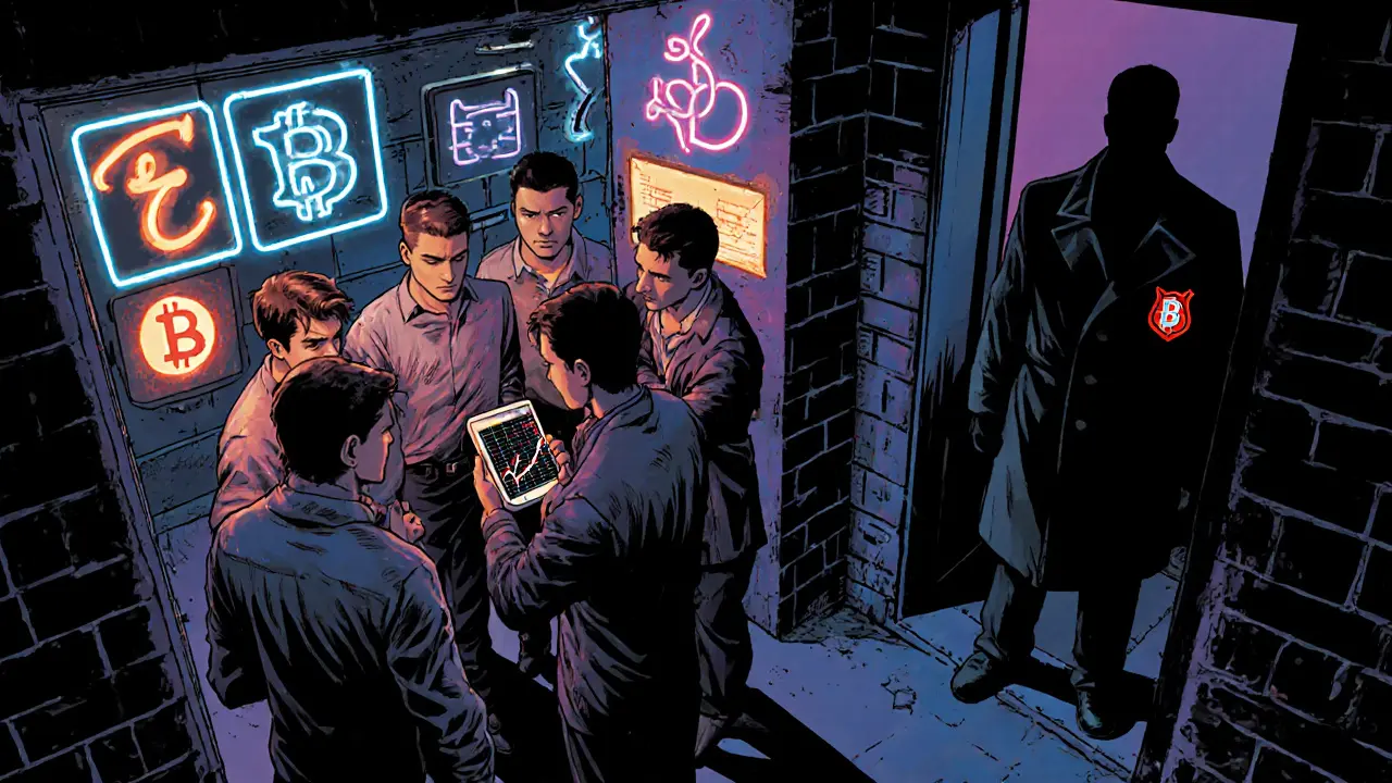 Young people trade crypto on phones in a dim alley while a police figure watches from the shadows.