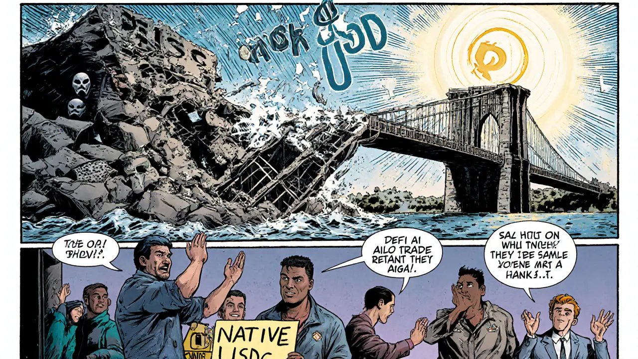 A collapsing bridge labeled USDbC falls as a new Native USDC bridge rises, with confused users below.