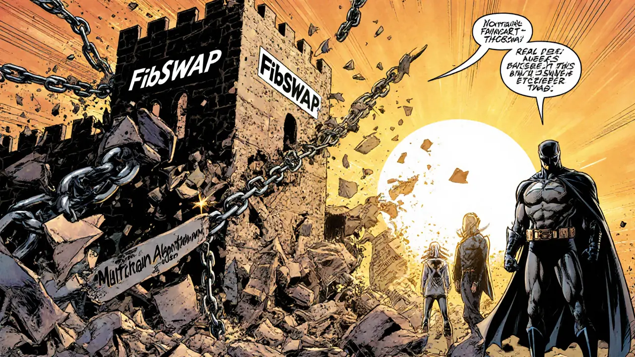 A crumbling FibSWAP DEx fortress collapses as trusted DeFi platforms shine under a golden sunrise.