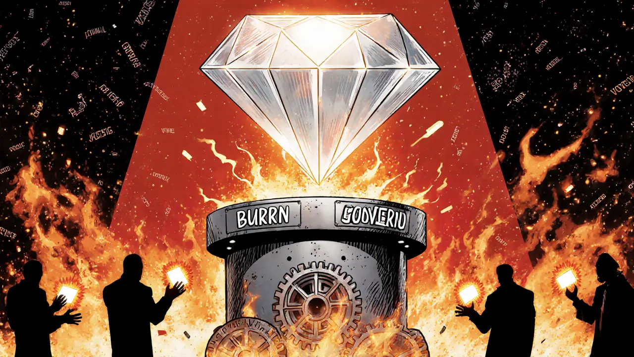 A digital diamond is forged in a blockchain forge with gears labeled Burn, Stake, and Govern turning beneath it.