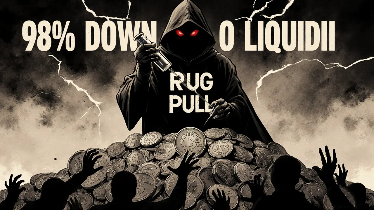 A faceless figure injects &#039;Hope&#039; into a fading SANI token while shadowy crowds reach desperately below.