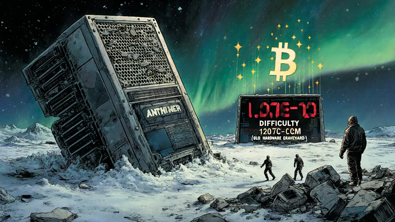 A futuristic ASIC mech rising from the Arctic tundra, dwarfing abandoned mining equipment, as difficulty soars into the sky.